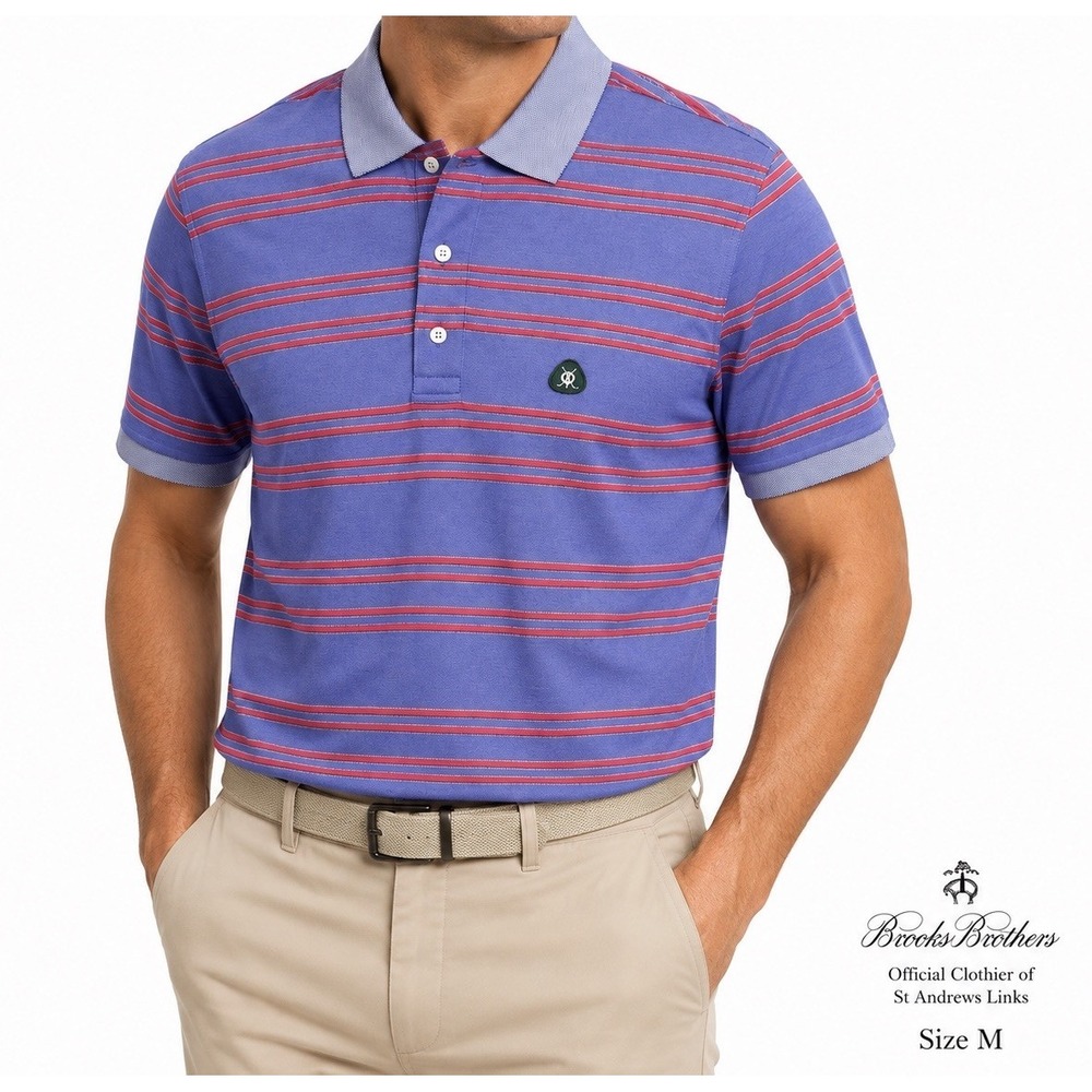 Brooks Brothers x St Andrews Links Polo Men's M Blue Red Stripe Golf Cotton